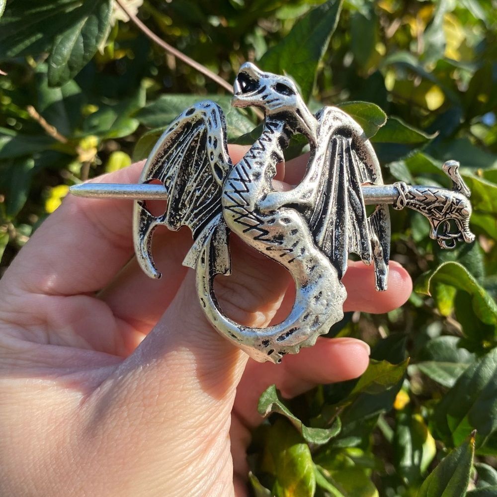 Vintage Viking Dragon Silver Tone Hair Accessory Engraved Details Hair Pin New